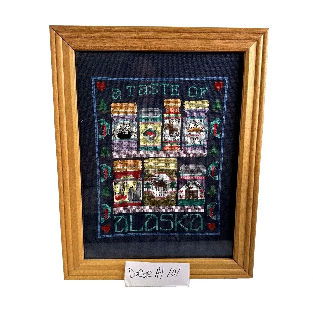 VTG A Taste of Alaska Framed Cross Stitch Wall Art Handmade Cabin Decor 15x12‎